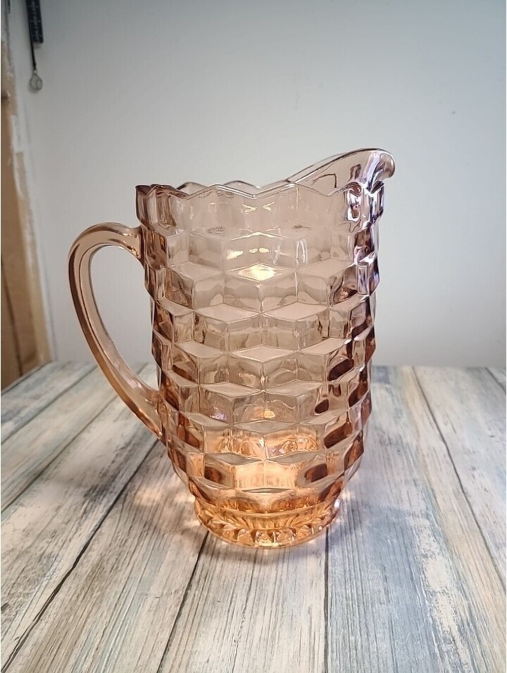 Vintage Pink Depression Glass Pitcher. 8" Tall. Cubist Pattern.
